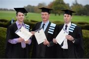 14 November 2013; Aidan Lennon, Mullingar, Co. Westmeath, left, Eugene McEntagart, Blackrock, Co. Louth, and Eddie Conway, from Tullogher, Co. Kilkenny, right, with their graduation certificates following the Setanta College graduation awards ceremony. Carton House, Maynooth, Co. Kildare. Picture credit: Stephen McCarthy / SPORTSFILE