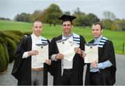 14 November 2013; Carl, left, & Paul Turner, right, from Cabra, Dublin, George Fitzgerald, from Ballaghaderreen, Co. Roscommon, with their graduation certificates following the Setanta College graduation awards ceremony. Carton House, Maynooth, Co. Kildare. Picture credit: Stephen McCarthy / SPORTSFILE