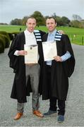 14 November 2013; Carl & Paul Turner, from Cabra, Dublin, with their graduation certificates following the Setanta College graduation awards ceremony. Carton House, Maynooth, Co. Kildare. Picture credit: Stephen McCarthy / SPORTSFILE