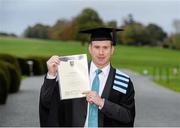 14 November 2013; Lar Wall, from Arles Kilcruise, Co. Laois, with his graduation certificate following the Setanta College graduation awards ceremony. Carton House, Maynooth, Co. Kildare. Picture credit: Stephen McCarthy / SPORTSFILE