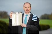 14 November 2013; Lar Wall, from Arles Kilcruise, Co. Laois, with his graduation certificate following the Setanta College graduation awards ceremony. Carton House, Maynooth, Co. Kildare. Picture credit: Stephen McCarthy / SPORTSFILE