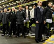 15 November 2013; Republic of Ireland manager Martin O'Neill, right, and assistant manager Roy Keane during the National Anthem. Three International Friendly, Republic of Ireland v Latvia, Aviva Stadium, Lansdowne Road, Dublin. Picture credit: David Maher / SPORTSFILE