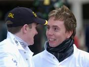 9 January 2005; Snooker player Ken Doherty in conversation with jockey Barry Geraghty while collecting for GOAL in aid of the victims of the Asian Tsunami disaster. Leopardstown Racecourse, Dublin. Picture credit; Brendan Moran / SPORTSFILE