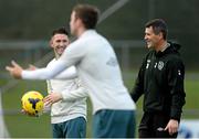 17 November 2013; Republic of Ireland assistant manager Roy Keane, right, shares a joke with captain Robbie Keane during squad training ahead of their friendly international match against Poland on Tuesday. Republic of Ireland Squad Training, Gannon Park, Malahide, Co. Dublin. Picture credit: David Maher / SPORTSFILE