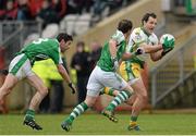 17 November 2013; Michael Murphy, Glenswilly, in action against Kevin Cosgrove, left, and  Niall Cassidy, Roslea Shamrocks. AIB Ulster Senior Club Football Championship, Semi-Final, Glenswilly, Donegal v Roslea Shamrocks, Fermanagh. Healy Park, Omagh, Co. Tyrone. Picture credit: Oliver McVeigh / SPORTSFILE