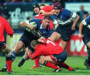 6 November 1998; Ciaran Scally, Leinster, is tackled for the ball by Chris Wyatt, Llanelli. European Rugby Cup, Leinster v Llanelli, Donnybrook, Dublin. Picture credit: Matt Browne / SPORTSFILE