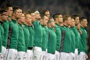 16 November 2013; The Ireland team stand for the National Anthem before the game. Guinness Series International, Ireland v Australia, Aviva Stadium, Lansdowne Road, Dublin. Picture credit: Brendan Moran / SPORTSFILE