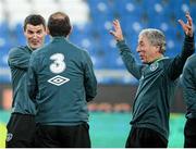 18 November 2013; Republic of Ireland assistant manager Roy Keane, left, manager Martin O'Neill, centre, and equipment officer Mick Lawlor share a joke during squad training ahead of their international friendly against Poland on Tuesday. Republic of Ireland Squad Training, Municipal Stadium, Poznan, Poland. Picture credit: David Maher / SPORTSFILE