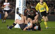 30 January 2005; Niall Ronan, Leinster, goes over for his sides fifth try despite the attentions of Gareth Baber, The Dragons. Celtic League 2004-2005, Pool 1, Leinster v The Dragons, Lansdowne Road, Dublin. Picture credit; Brian Lawless / SPORTSFILE