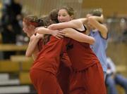 1 February 2005; Maeve Clancy, St. Paul's Oughterard, Galway, celebrates with team-mate Sinead Morley, at the final whistle. All-Ireland Schools Cup, Cadette B Final, Colaiste Choilm Ballincollig, Cork, v St. Paul's Oughterard, Galway, National Basketball Arena, Tallaght, Dublin. Picture credit; Brian Lawless / SPORTSFILE