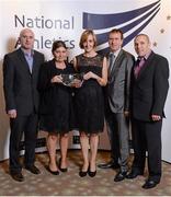 20 November 2013; Members of Lifford A.C., who received the Development Club of the Year award, from left, Brendan O'Donnell, Sinead Stewart, Lily Quinn, John O'Donell, Michael McKinney at the 2013 National Athletics Awards in Association with Woodie’s DIY and Tipperary Crystal. Crowne Plaza Hotel, Santry, Co. Dublin. Picture credit: Stephen McCarthy / SPORTSFILE