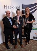 20 November 2013; Robert Heffernan, in the company of physiotherapist Emma Gallivan and coach Ray Flynn, with his Athlete of the Year and Race Walker of the Year awards at the 2013 National Athletics Awards in Association with Woodie’s DIY and Tipperary Crystal. Crowne Plaza Hotel, Santry, Co. Dublin. Picture credit: Stephen McCarthy / SPORTSFILE