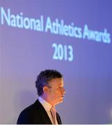 20 November 2013; MC Greg Allen speaking at the 2013 National Athletics Awards in Association with Woodie’s DIY and Tipperary Crystal. Crowne Plaza Hotel, Santry, Co. Dublin. Picture credit: Stephen McCarthy / SPORTSFILE
