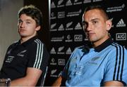 22 November 2013; New Zealand's Aaron Cruden, right, and Beauden Barrett, during a media day ahead of their Guinness Series International match against Ireland on Sunday. New Zealand Media Day, Castleknock Hotel & Country Club, Castleknock, Co. Dublin. Picture credit: David Maher / SPORTSFILE