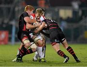 22 November 2013; Roger Wilson, Ulster, is tackled by Roddy Grant, left, and Harry Leonard, Edinburgh. Celtic League 2013/14, Round 8, Ulster v Edinburgh Rugby, Ravenhill Park, Belfast, Co. Antrim. Picture credit: Oliver McVeigh / SPORTSFILE