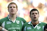 6 February 2005; Ireland's Paul O'Connell, left, and Denis Leamy singing &quot;Irelands Call&quot; before the game. RBS Six Nations Championship 2005, Italy v Ireland, Stadio Flamino, Rome, Italy. Picture credit; Brendan Moran / SPORTSFILE