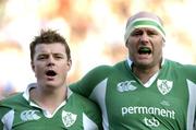 6 February 2005; Irelandcaptain Brian O'Driscoll, left, and John Hayes singing &quot;Irelands Call&quot; before the game. RBS Six Nations Championship 2005, Italy v Ireland, Stadio Flamino, Rome, Italy. Picture credit; Brendan Moran / SPORTSFILE