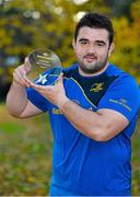 25 November 2013; Leinster's Martin Moore who received his Bank of Ireland player of the month award for October from Pat Finn, Auctioneer and Mediator, Bank Of Ireland, Ballinasloe, Co. Galway. Bank of Ireland Player of the Month for October, UCD, Belfield, Dublin. Picture credit: Barry Cregg / SPORTSFILE