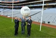 25 November 2013; “We Make Safety Our Goal”  Ard Stiúrthóir of the GAA Páraic Duffy with Peter McKenna, left, Stadium & Commercial Director and Alan Gallagher, right, Head of Operations. Croke Park celebrates becoming the first stadium in Europe to achieve OHSAS 18001 Certification, the globally recognised standard for best practice in occupational health and safety. Croke Park, Dublin’s largest visitor attraction with over 1.5 million visitors in 2013, was awarded the certification after an extensive audit process which ensured the stadium’s health and safety management system complies with the highest international specifications. Croke Park, Dublin. Picture credit: Matt Browne / SPORTSFILE