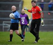 24 November 2013; Shane Curran, St Brigid's goalkeeper, remonstrates with referee Marty Duffy at the end of the normal time. AIB Connacht Senior Club Football Championship Final, St Brigid's, Roscommon, v Castlebar Mitchels, Mayo. Dr. Hyde Park, Roscommon. Picture credit: David Maher / SPORTSFILE