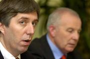 11 February 2005; John Delaney, interim FAI Chief Executive Officer, speaking at a media briefing on UEFA club licensing with Bob Breen, right, Club licensing manager. FAI Headquarters, Merrion Square, Dublin. Picture credit; Matt Browne / SPORTSFILE