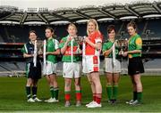 26 November 2013; In attendance at a Tesco Homegrown Ladies Football All-Ireland Club Championship Finals media day are, from left, Junior players Sue O'Sullivan, Dunedin Connolly’s, Edinburgh, and  Emily Brick, Na Gaeil, Co. Kerry, Senior players Marie Corbett, Carnacon, Co. Mayo, and Majella Woods, Donaghmoyne, Co. Monaghan, and Intermediate players Fabienne Cooney, Claregalway, Co. Galway, and Norah Kirby, Thomas Davis, Co. Dublin. Croke Park, Dublin. Photo by Sportsfile