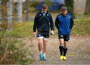 26 November 2013; Leinster's Brendan Macken, left, and Gordon D'Arcy arrive for squad training ahead of their Celtic League 2013/14, Round 9, game against Scarlets on Saturday. Leinster Rugby Squad Training & Press Briefing, Rosemount, UCD, Belfield, Dublin. Picture credit: Brendan Moran / SPORTSFILE