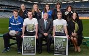 26 November 2013; Pictured are Mayo footballer Cillian O'Connor, front row, second from left, Uachtarán Chumann Lúthchleas Gael Liam Ó Néill, centre, and Dublin hurler Peter Kelly, second from right, with representatives from Leinster Colleges in attendance at the 2014 &quot;Off the Booze, on the Ball&quot; launch. Croke Park, Dublin. Picture credit: Ramsey Cardy / SPORTSFILE