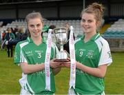 30 November 2013; Na Gaeil twin sisters Brid Ni Chonchuir, left, and Eilis Ni Chonchuir with the cup. TESCO HomeGrown All-Ireland Junior Club Final, Dunedin Connolly’s, Edinburgh v Na Gaeil, Kerry, Crettyard, Newtown, Co. Laois. Picture credit: Matt Browne / SPORTSFILE