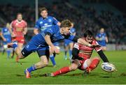 30 November 2013; Brendan Macken, Leinster, in action against Gareth Owen, Scarlets. Celtic League 2013/14, Round 9, Leinster v Scarlets, RDS, Ballsbridge, Dublin. Picture credit: Stephen McCarthy / SPORTSFILE