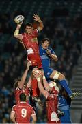 30 November 2013; Aaron Shingler, Scarlets, wins possession in a lineout ahead of Mike McCarthy, Leinster. Celtic League 2013/14 Round 9, Leinster v Scarlets, RDS, Ballsbridge, Dublin.. Photo by Sportsfile