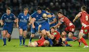 30 November 2013; Mike Ross, Leinster, is tackled by John Barclay, Scarlets. Celtic League 2013/14 Round 9, Leinster v Scarlets, RDS, Ballsbridge, Dublin. Photo by Sportsfile