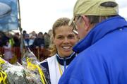 19 February 2005; Jolene Byrne, Donore Harriers A.C., is interviewed after her win in the Senior Womens event. AAI National Inter Club Cross Country Championships, Santry, Dublin. Picture credit; Brian Lawless / SPORTSFILE