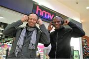 5 December 2013; Former Premiership footballer and Aston Villa star Ian Taylor was joined by his former Aston Villa team-mate and Republic of Ireland legend Paul McGrath at HMV in Dundrum today to promote Ian's brand new iT7x2 wireless headphones. Dundrum Town Centre, Dundrum, Dublin. Picture credit: Pat Murphy / SPORTSFILE