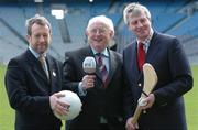 2 March 2005; Sean Kelly, President of the GAA, Jimmy Magee, centre, TV and radio broadcaster and Michael Lyster, presenter of Sunday Game, right, at the announcement by the GAA that RTE have secured the exclusive rights to broadcast the GAA Football and Hurling Championships up to and including 2007. It was also announced that TG4 will be the major provider of live GAA television coverage in the Autumn-Spring period until 2008. Croke Park, Dublin. Picture credit; David Maher / SPORTSFILE