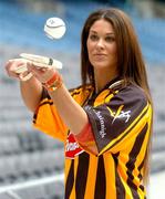 7 March 2005; Model Glenda Gilson shows off her hurling skills at a photocall to announce details of the PLAYING FOR LIFE fundraising dinner, which takes place on Friday May 6th in Jury's Hotel, Ballsbridge. Croke Park, Dublin. Picture credit; David Maher / SPORTSFILE