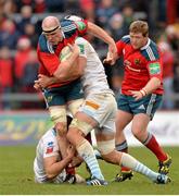 8 December 2013; Paul O'Connell, Munster, is tackled by Justin Purll and Luke Charteris, Perpignan. Heineken Cup 2013/14, Pool 6, Round 3, Munster v Perpignan, Thomond Park, Limerick. Picture credit: Matt Browne / SPORTSFILE