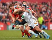 8 December 2013; CJ Stander, Munster, is tackled by Luke Charteris and Tommy Allan, Perpignan. Heineken Cup 2013/14, Pool 6, Round 3, Munster v Perpignan, Thomond Park, Limerick. Picture credit: Matt Browne / SPORTSFILE