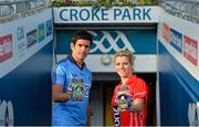 10 December 2013; Dublin footballer Cian O'Sullivan and Valerie Mulcahy, Cork, with the OPROshield mouthguard at the launch of the partnership between the GAA / GPA and OPRO. GAA / GPA OPRO Mouthguard Partnership Launch. Croke Park, Dublin. Picture credit: Ramsey Cardy / SPORTSFILE