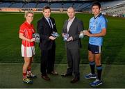 10 December 2013; Cork footballer Valerie Mulcahy and Dublin footballer Cian O'Sullivan with Dessie Farrell, CEO, GPA, left, and Richard Evans, Sales Director, OPRO, at the launch of the partnership between the GAA / GPA and OPRO. GAA / GPA OPRO Mouthguard Partnership Launch. Croke Park, Dublin. Picture credit: Ramsey Cardy / SPORTSFILE