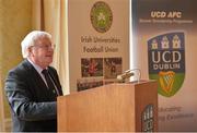 10 December 2013; The Irish Universities Football Union Centenary Collingwood Cup will be hosted by UCD AFC in 2014 and will take place from Tuesday 24th February to Friday 28th February at the UCD Campus, Belfield, Dublin. Speaking at the launch is Terry McAuley, Chairman, IUFU. Newman House, Dublin. Picture credit: Brendan Moran / SPORTSFILE