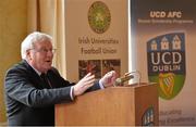 10 December 2013; The Irish Universities Football Union Centenary Collingwood Cup will be hosted by UCD AFC in 2014 and will take place from Tuesday 24th February to Friday 28th February at the UCD Campus, Belfield, Dublin. Speaking at the launch is Terry McAuley, Chairman, IUFU. Newman House, Dublin. Picture credit: Brendan Moran / SPORTSFILE