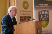 10 December 2013; The Irish Universities Football Union Centenary Collingwood Cup will be hosted by UCD AFC in 2014 and will take place from Tuesday 24th February to Friday 28th February at the UCD Campus, Belfield, Dublin. Speaking at the launch is Paddy McCaul, President of the FAI. Newman House, Dublin. Picture credit: Brendan Moran / SPORTSFILE