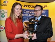 10 December 2013; Derek Tohill receives the Manley Memorial trophy for International Driver of the Year award from Shelagh Manley at the Dunlop Motorsport Ireland Awards 2013. The Marker Hotel, Grand Canal Dock, Dublin. Picture credit: Barry Cregg / SPORTSFILE