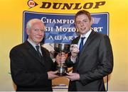 10 December 2013; Stephen Wright receives the Billy Coleman Award for Young Rally Driver of the Year from Billy Coleman at the Dunlop Motorsport Ireland Awards 2013. The Marker Hotel, Grand Canal Dock, Dublin. Picture credit: Barry Cregg / SPORTSFILE