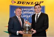 10 December 2013; Niall Murray receives the Dunlop Sexton trophy for Young Racing Driver of the Year from Steve Lynch, Marketing and PR Manager Goodyear Dunlop Ireland, at the Dunlop Motorsport Ireland Awards 2013. The Marker Hotel, Grand Canal Dock, Dublin. Picture credit: Barry Cregg / SPORTSFILE