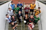 11 December 2013; In attendance at Croke Park where the draws for the 2013 Irish Daily Mail Higher Education GAA Championships were made are Sigerson footballers, back row, from left, Matthew Donnelly, UUJ, Brian Menton, DIT, and Colm Begley, DCU. Third row, from left, Darren Wallace, IT Tralee, Graham Geraghty, IT Blanchardstown, Danny McBride, St. Marys Belfast, and Paddy Brophy, NUIM. Second row, from left, Jonathan Duane, GMIT, Stephen Coen, IT Sligo, Uachtarán Chumann Lúthchleas Gael Liam Ó Néill, Sinead Lambe, Marketing Manager, Irish Daily Mail, Mick O’Grady, Trinity, and Martin McElhinney, Queens. Front row, from left, Darren Hayden, IT Carlow, and Robbie Kiely, NUI Galway. The draws are available on www.he.gaa.ie. Croke Park, Dublin. Picture credit: Barry Cregg / SPORTSFILE