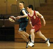 8 March 2005; George O'Keeffe, Sliabh Luachra, Rathmore, in action against Owen O'Boyle, Moyne College, Ballina. Schools League Final, Boys U16 C, Sliabh Luachra, Rathmore v Moyne College, Ballina, National Basketball Arena, Tallaght, Dublin. Picture credit; Brian Lawless / SPORTSFILE