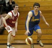 8 March 2005; Kieran Brennan, Castleisland CC, in action against Ruari Smyth, St. Muiredachs, Ballina. Schools League Final, Boys U19 B, Castleisland CC v St. Muiredachs, Ballina, National Basketball Arena, Tallaght, Dublin. Picture credit; Brian Lawless / SPORTSFILE