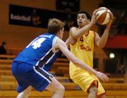 9 March 2005; Aaron Westbrooks, St. Fintans Sutton, in action against Neill Caughey, Our Lady St. Patrick's, Belfast. Schools League Final, U19 A Boys, Our Lady St. Patrick's Belfast v St. Fintans Sutton, National Basketball Arena, Tallaght, Dublin. Picture credit; Pat Murphy / SPORTSFILE